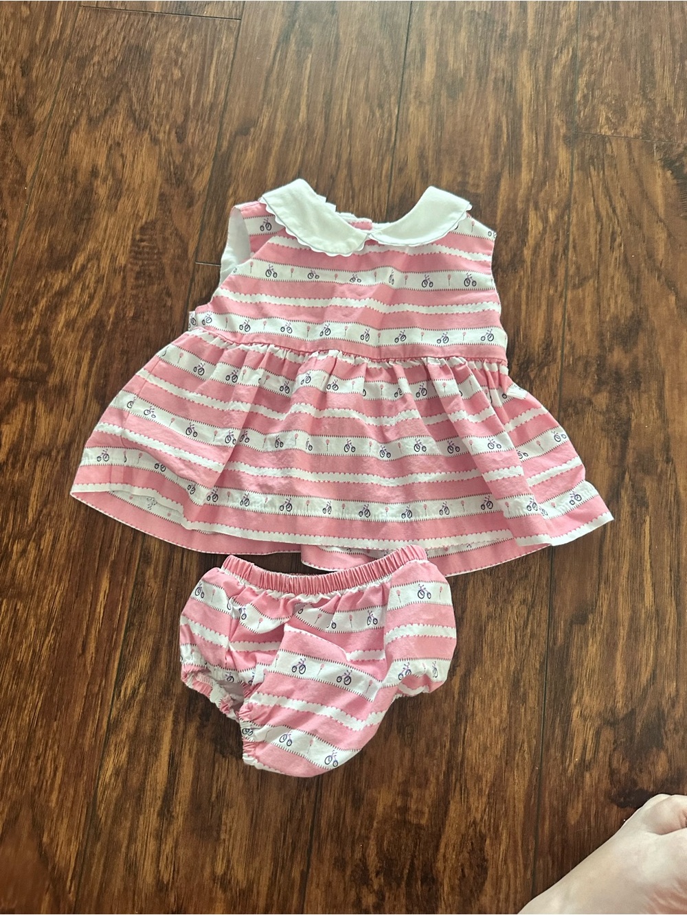 Baby Bliss Pink Striped Bicycle Baby Dress  Set with Peter Pan Collar